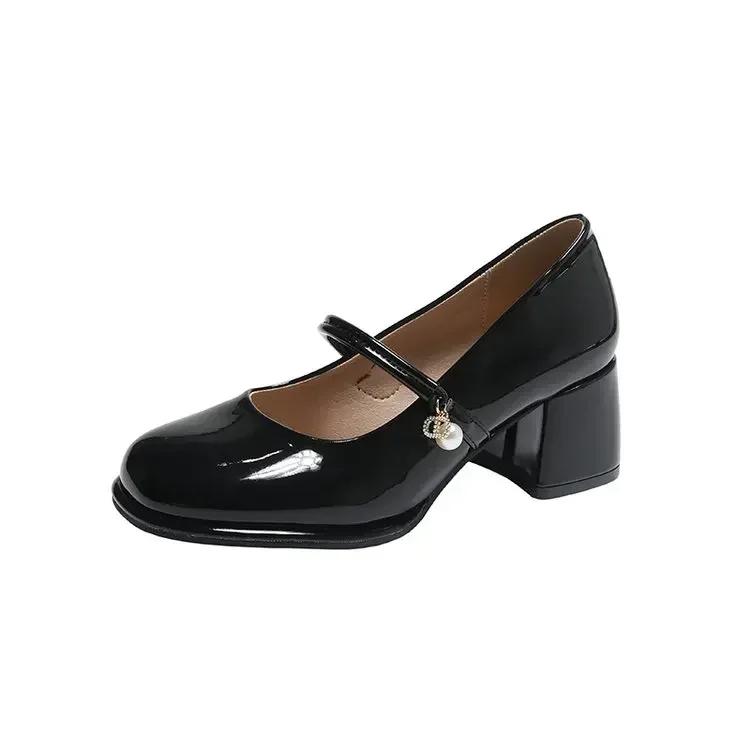 Fashion Versatile Pearl Single Shoe Women's 2025 Spring Summer New Style French Small Leather Shoe Square Head Casual Mid Heel Mary Jane