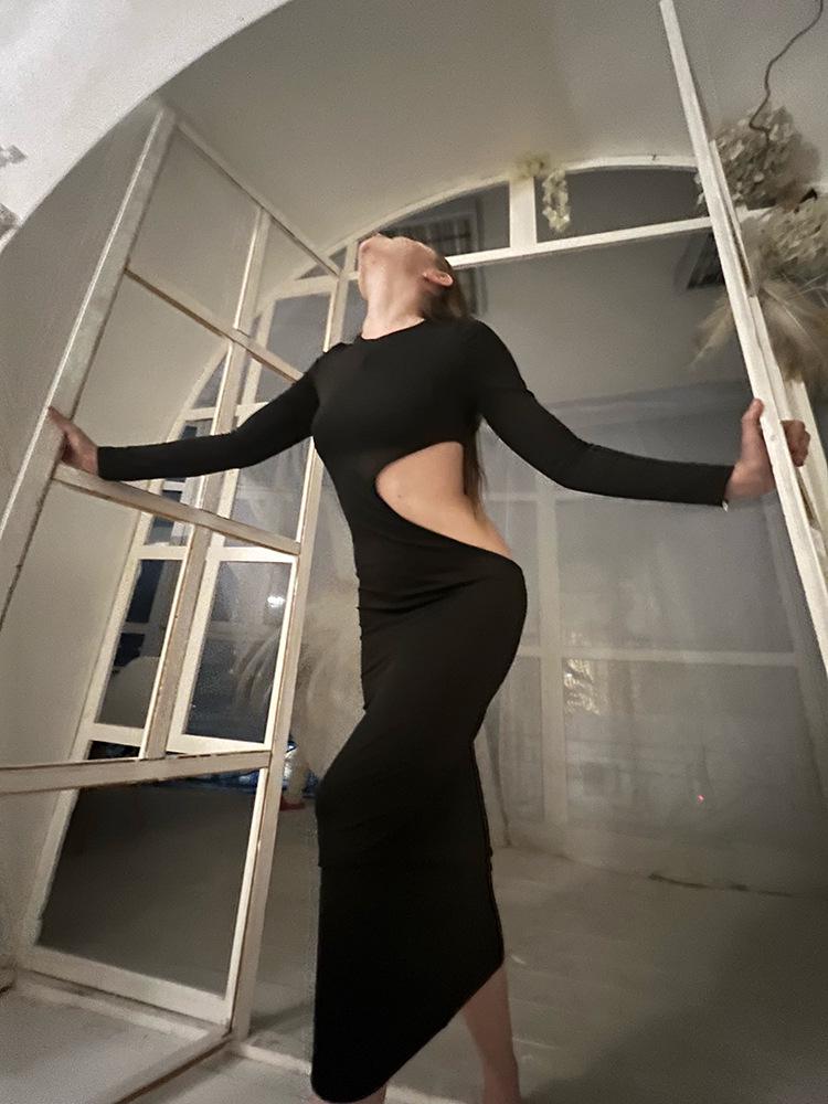 Europejsko-Amerykańska Letnia 2025 Seksowna Długa Sukienka z Wycięciami - Wyszczuplająca Wysoki Stan, Długi Rękaw