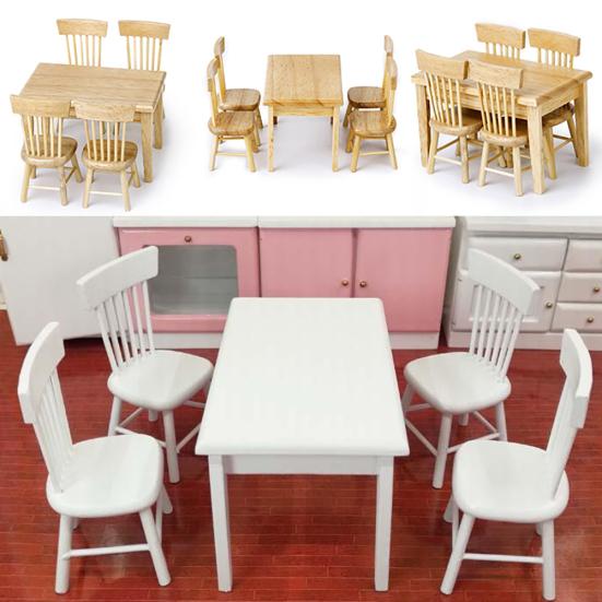 5Pcs Dining Table Chair Model 1:12 Dollhouse Miniature Wooden Furniture Toy Set