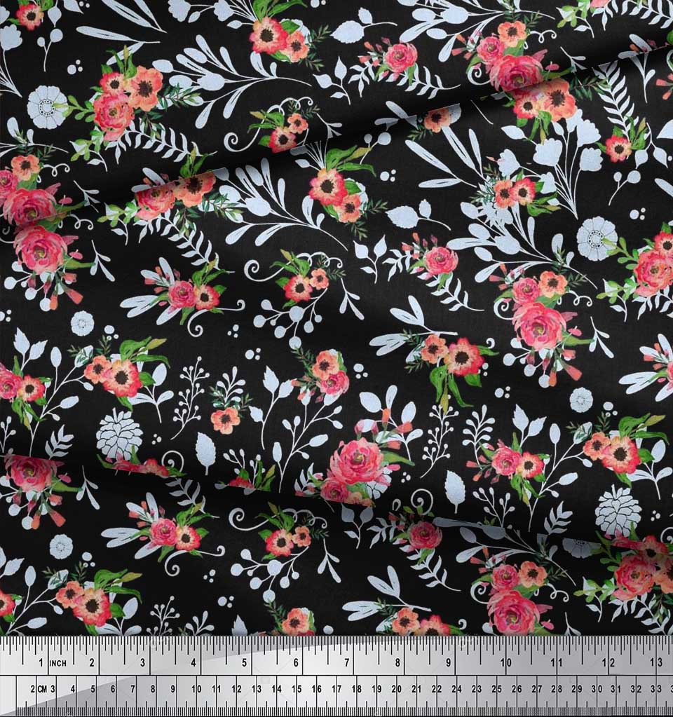 Soimoi Тканина з японським креп-сатином, листям і маком, анемоною, квітковим панно з принтом на метрі 42 дюйма