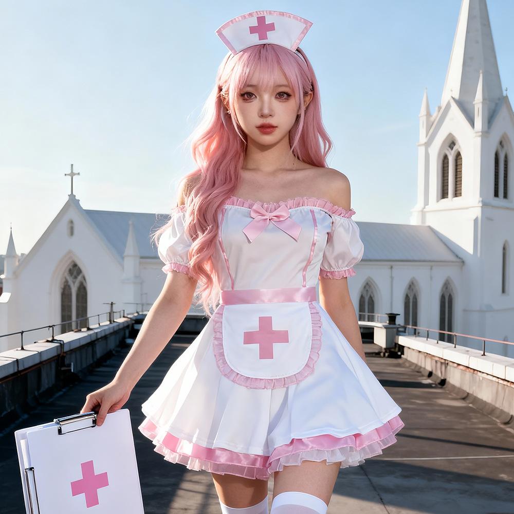 Women's Carnival Japanese Anime Nurse Lolita Dress Set for Women, Sexy Sweet Cute Style (Dress+Apron+Hair Accessory)