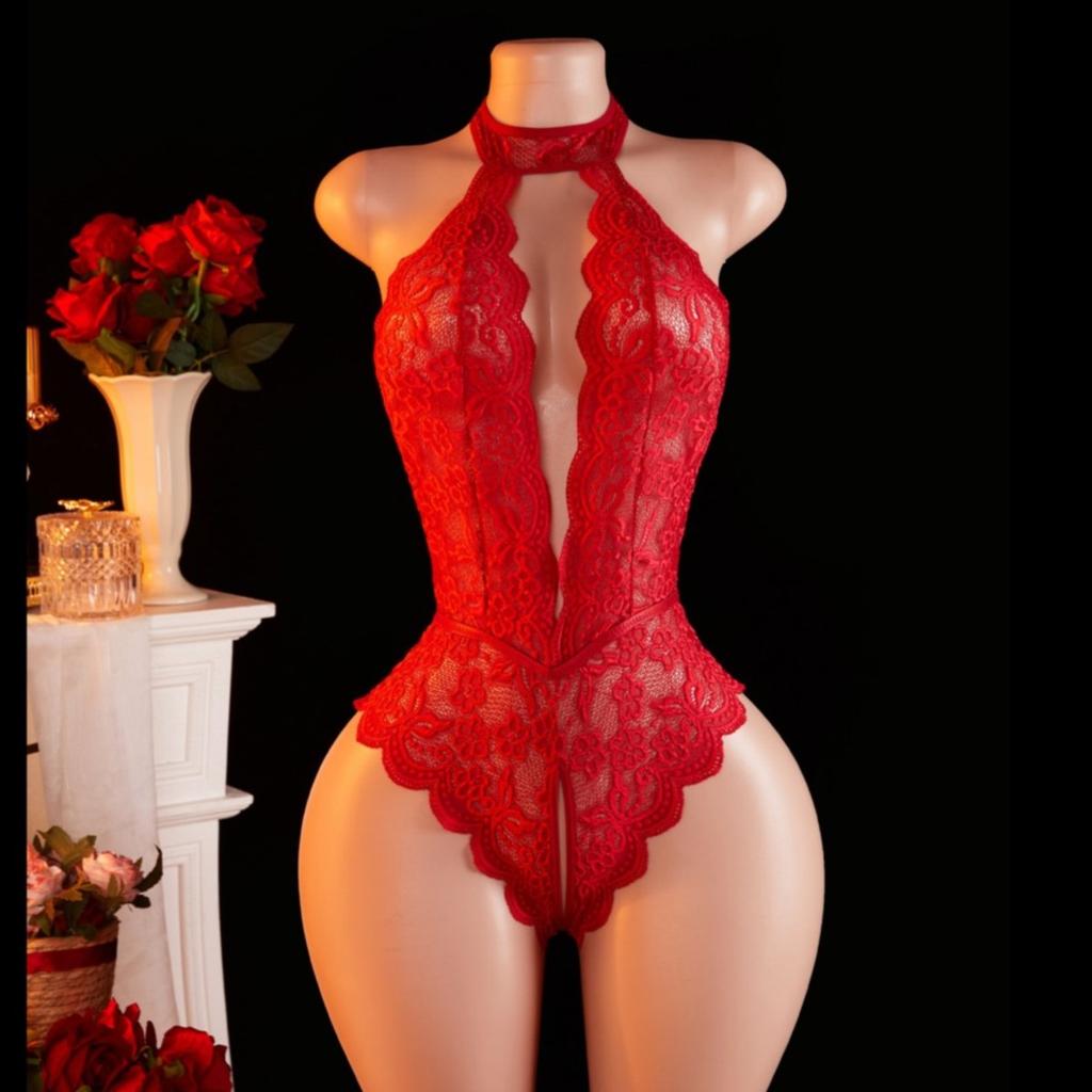 One-piece Sexy Woman Red Deep V Halter Transparent Lace Teddy Bodysuit Crotchless Porn Outfit Date Erotic Pajamas Sex Underwear