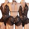 Sexy Schrittoffene Dessous Damen Spitze Durchbrochenes BH-Set Erotische Kostüme Tiefes V Offener Rücken Teddy Baby Doll Kleid Neckholder Unterwäsche-Sets