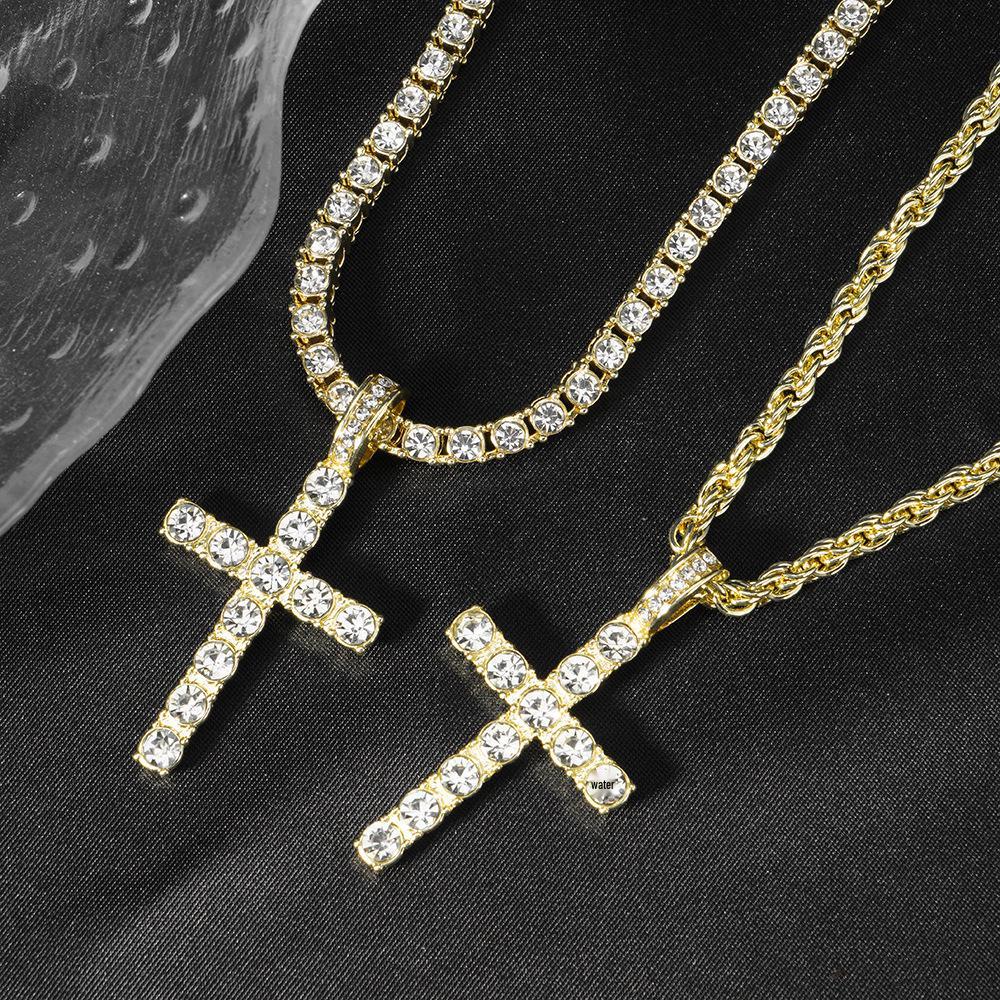 Eco-Friendly European & American Hip-Hop Zinc Alloy Rhinestone Cross Pendant Necklace with 4mm Diamond Tennis Chain