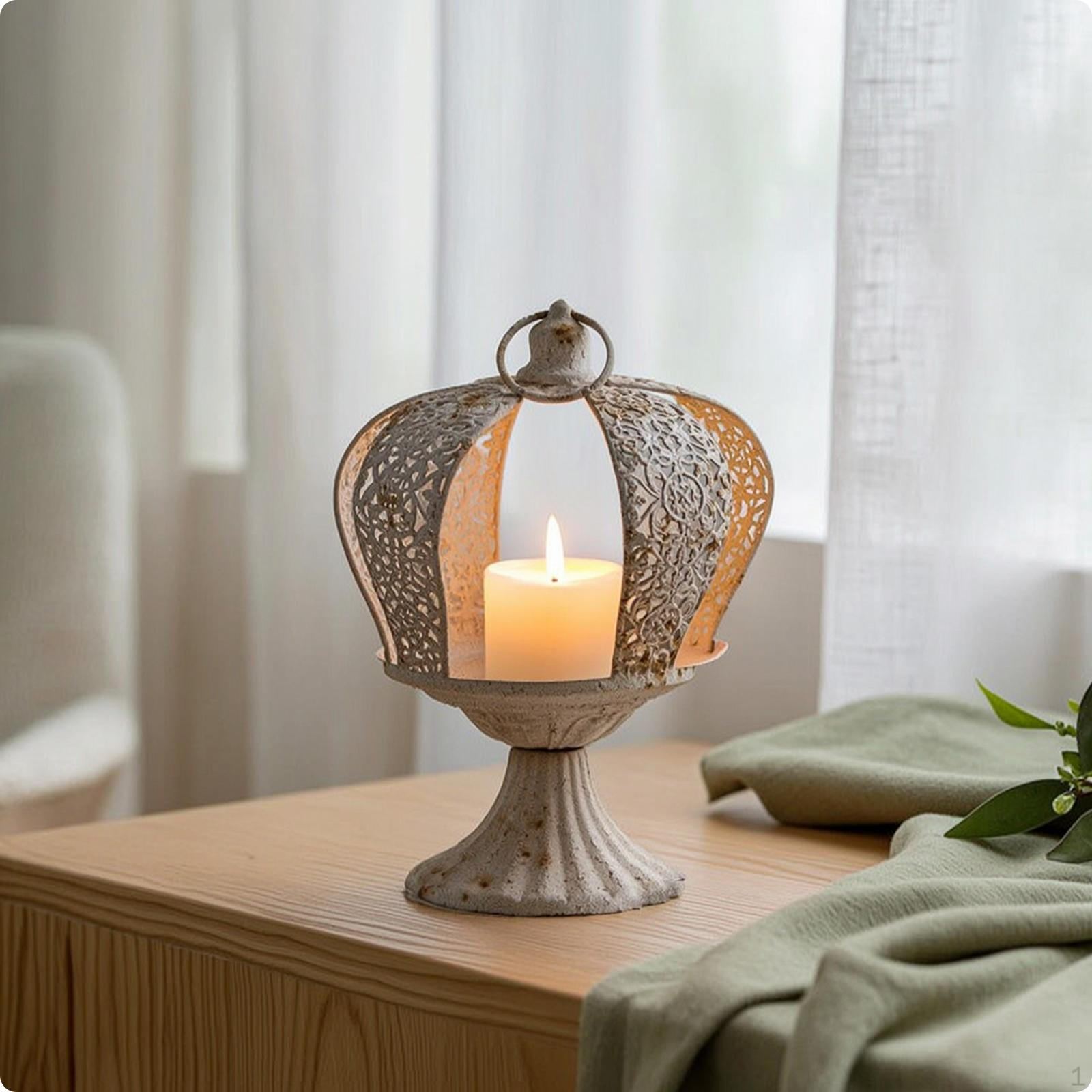 Crown Candle Holder Openwork with Pedestal Distressed Glass Candlestick for