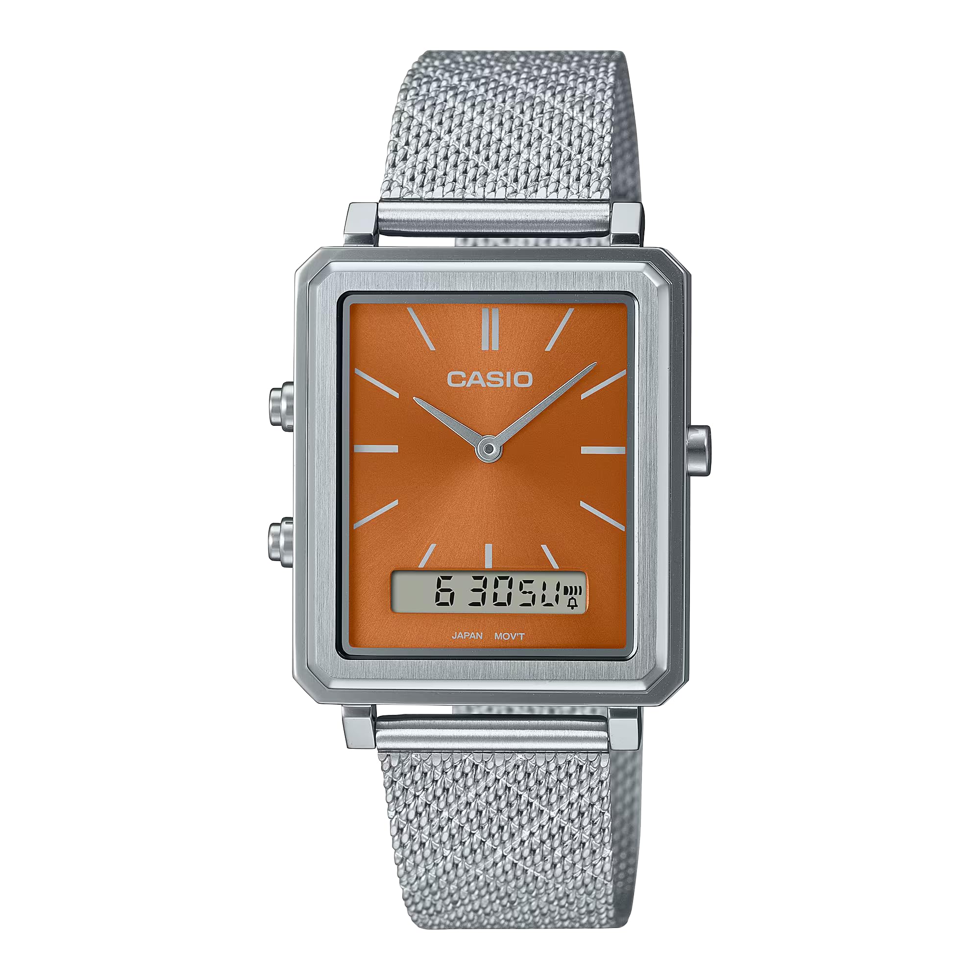 Стандартные аналогово-цифровые часы CASIO MTP-B205-5 Оранжево-коричневые, Аналогово-цифровые, Простые деловые часы с сетчатым и стальным ремешком, Японские