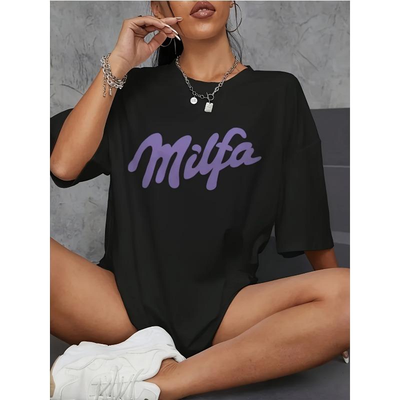 

A Women S Short-Sleeved T-Shirt for Spring And Summer Featuring a Printed Design with Purple Lettering S чёрный