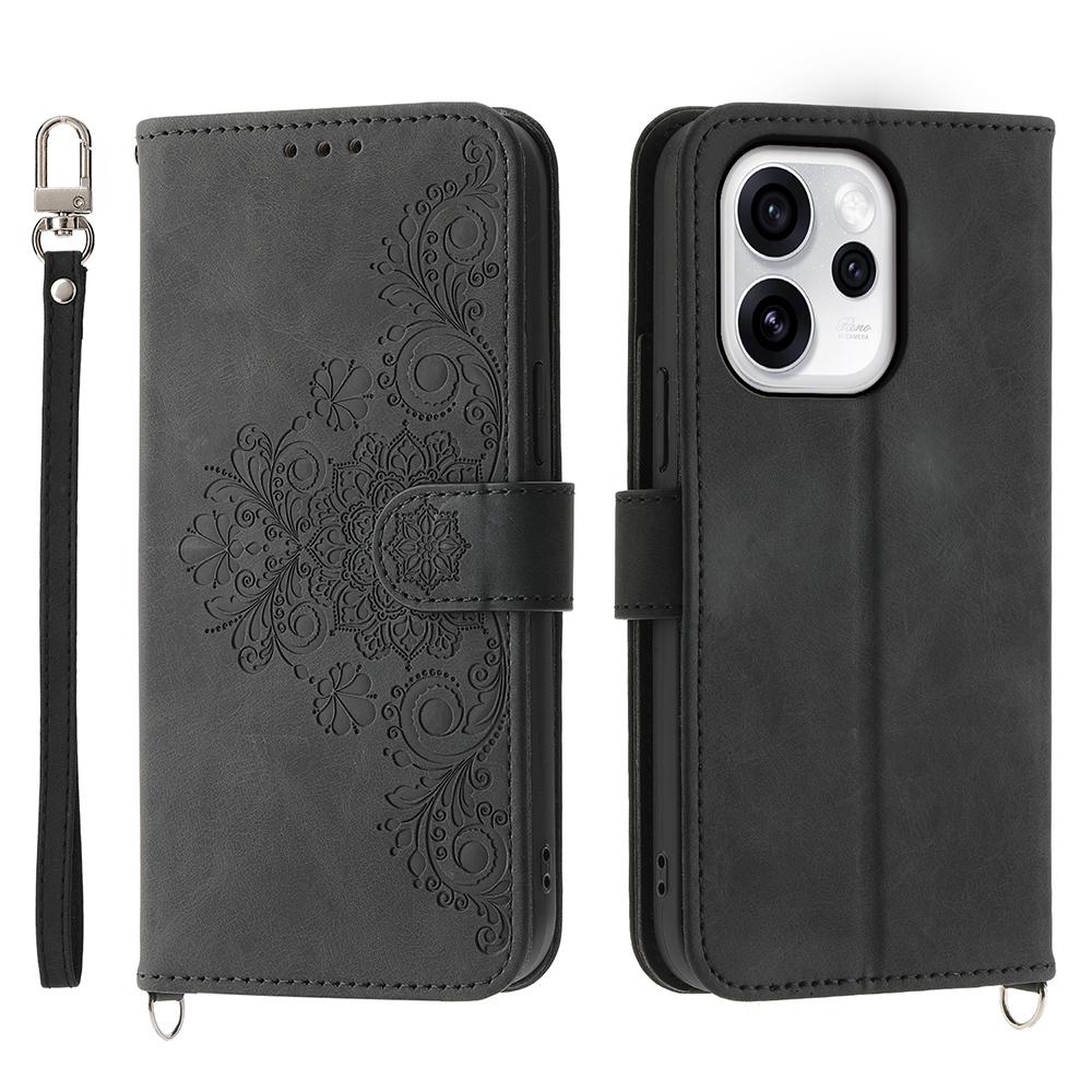 For Oppo Reno15 Pro 5G (Global)/Reno15 5G (China) Case Flower Pattern PU Leather Wallet Phone Cover with Strap