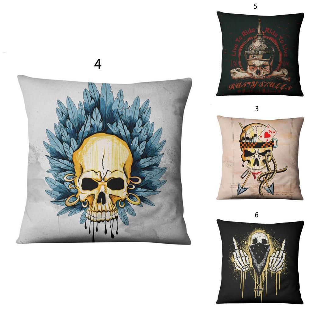 Federa Cuscino Quadrata in Cotone e Lino Serie Halloween Lussuosa con Teschio per Arredamento Casa alla Moda