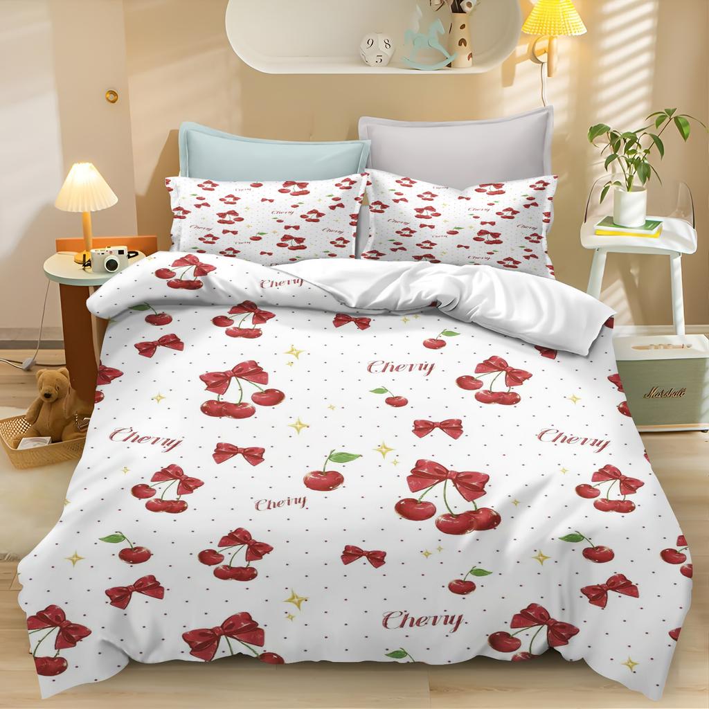 Cherry Flowers Quilt Duvet Cartoon Cover Queen Size Comforter Bedding Sets King Cute Printed Children Cartoon 3-Piece Set
