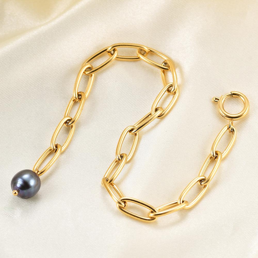 18K Gold Black Pearl Cross Chain Bracelet: Retro Punk Style