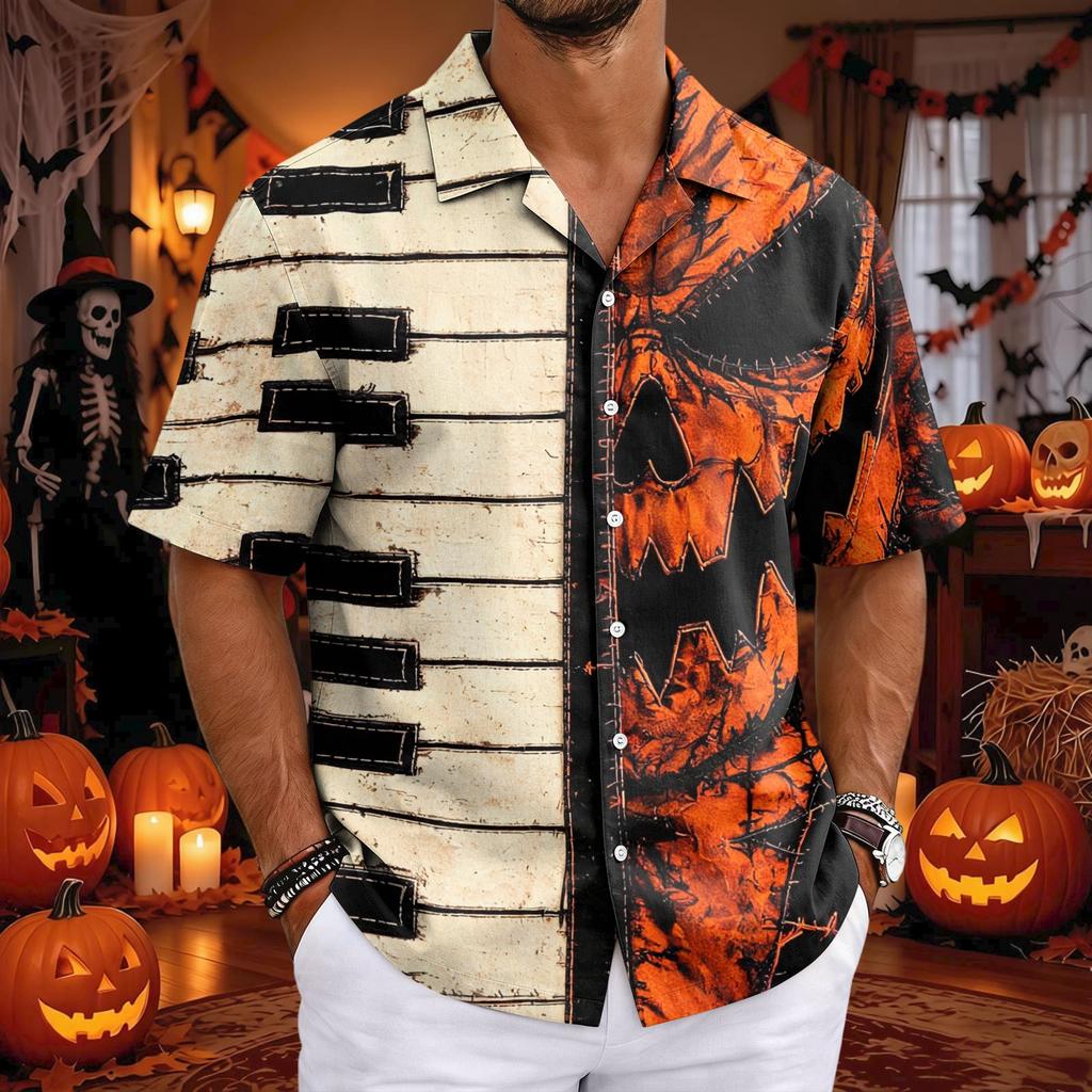 Camicia Casual da Uomo a Maniche Corte con Collo Cubano per Halloween, Vestibilità Larga