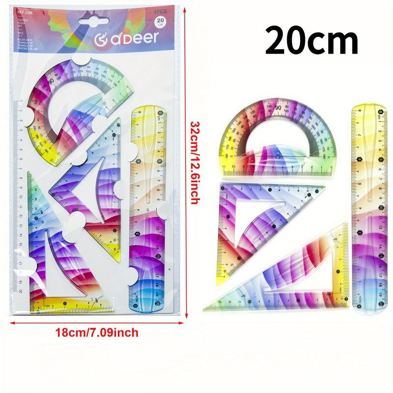 

4pcs Colorful Ruler Set - Straight, Protractor & Flexible Ruler for Drawing, School & Office, 20cm/30cm, Craft Supplies