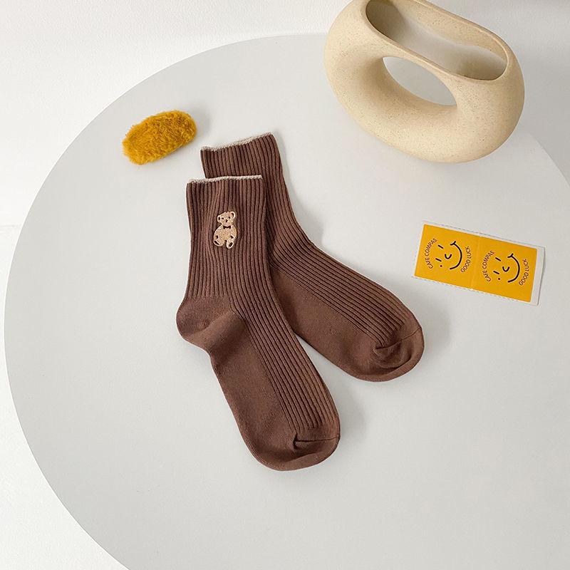 Little Bear Women's Cute Japanese Korean Style Mid-Calf Socks - Spring, Autumn, Summer Solid, Autumn and Winter Options