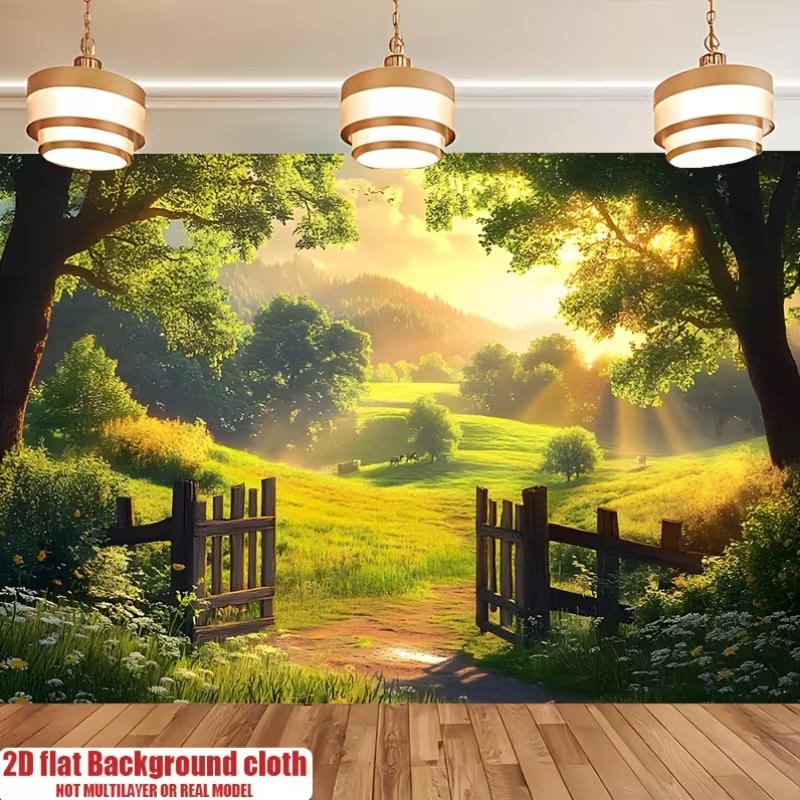2D Sonnenaufgang Landschaft Fotografie Hintergrund Grünes Scheunentor Natur Hintergrund