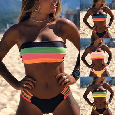 Regenbogen Crop Tube Badeanzüge Badeanzug Push-Up Strandmode Damen String Schnürung Bikini Set Bademode Gepolsterter BH Badeanzüge