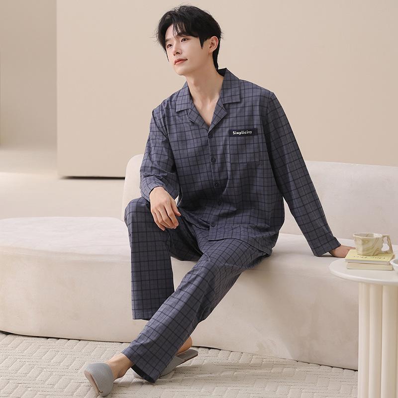 Couple pajamas pure cotton long-sleeved spring and autumn women's simple casual men's comfortable cardigan cotton loungewear set