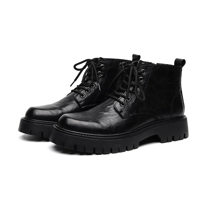 Fashion High-quality Leather Fashion Brand Outdoors Men's Glossy Comfortable Thick Soled Chelsea Retro Casual Side Zipper Lace Up Boots