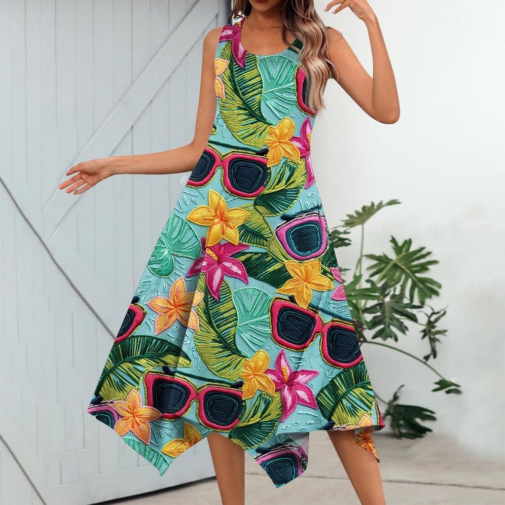 Dámská ležérní móda Midi šaty s kulatým výstřihem a potiskem bez rukávů s nepravidelným lemem