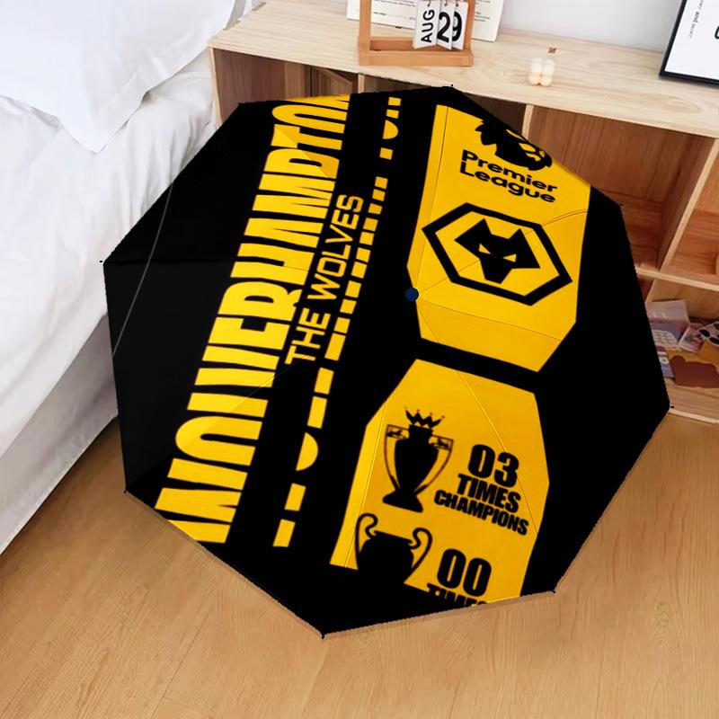 1 Stück Wölfe Fußballclub Emblem Aufdruck Regenschirm Klappschirm, Automatikschirm 8-Rippen für Reisen, Camping Fan Geschenke Weihnachtsgeschenke