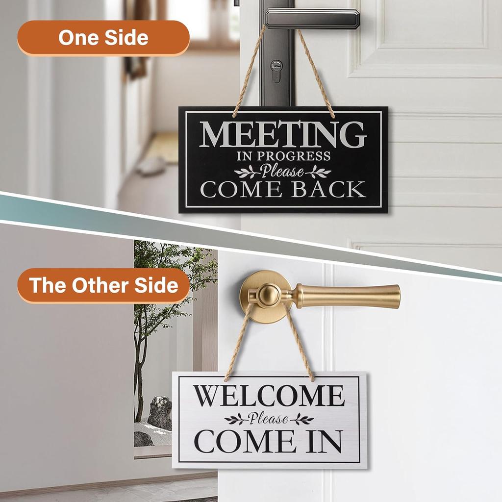 Double-Sided Office Door Hanger Sign, Acrylic Welcome Please Come In, Meeting In Progress Please Do Not Disturb, Red/Green and Wood Grain Options