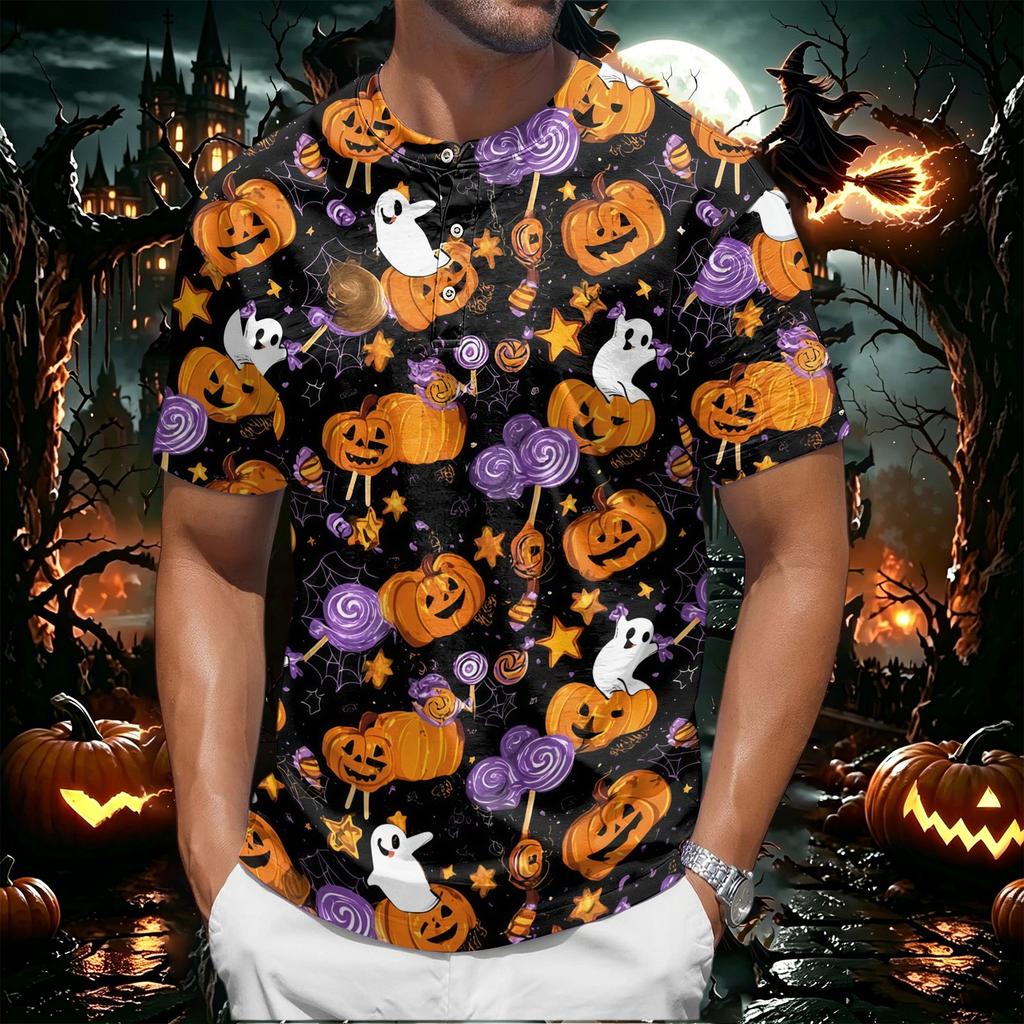 Men's Halloween Print Short Sleeve Henley Shirt Casual Button Up Top with Pumpkin Pattern Lightweight Breathable Fabric for Everyday Wear