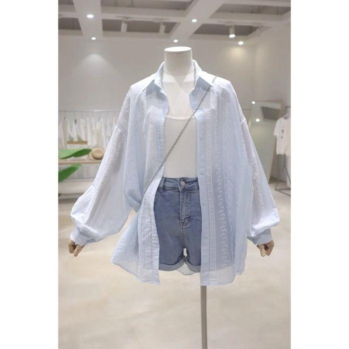WTEMPO Women Sheer Sun Protection Shirt Lapel Puff Long Sleeve Embroidery Oversized Loose Summer Casual Outerwear Blouse