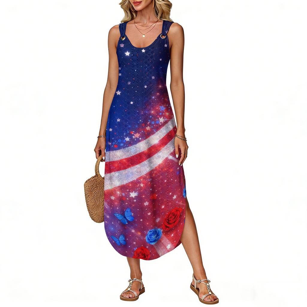 Women's Summer Long Dress Sleeveless Side Slit Long Independence Day Print Vacator Dress