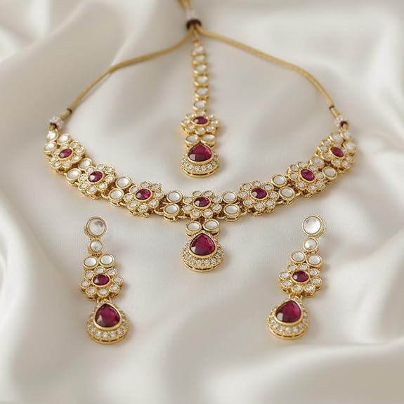 Gold Plated Traditional Kundan Stone Choker Necklace With Earrings & Maang Tikka Jewellery Set for Women