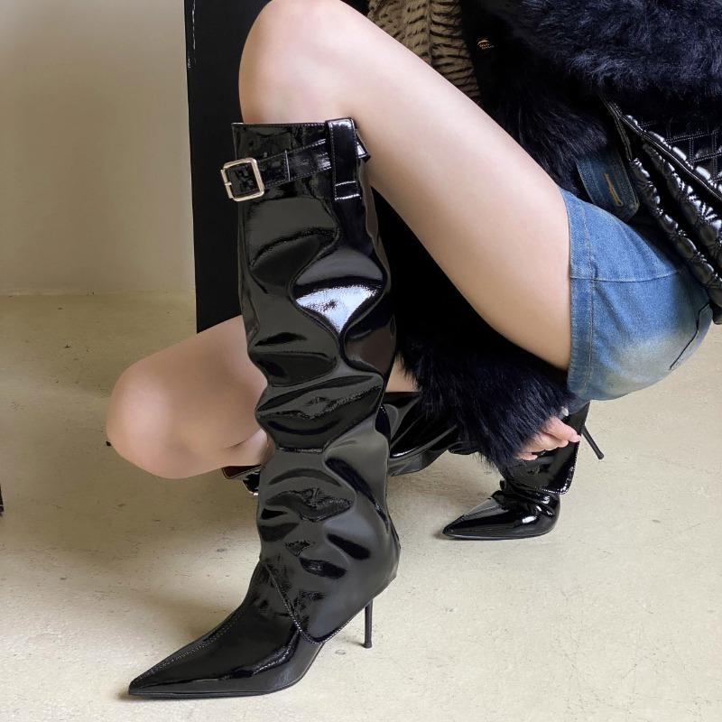 Boots Women's Boots Autumn New Two Wear Thin Heel Belt Buckle Stacking Boots with Skirt Temperament Thin Boots