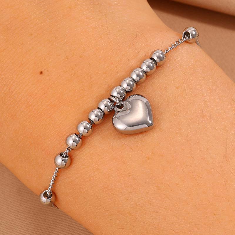 Stainless Steel Gold Color Heart Shape Pendant Bracelets For Women Fashion Metal Smooth Round Beads Ball Bangle Wrist Zircon