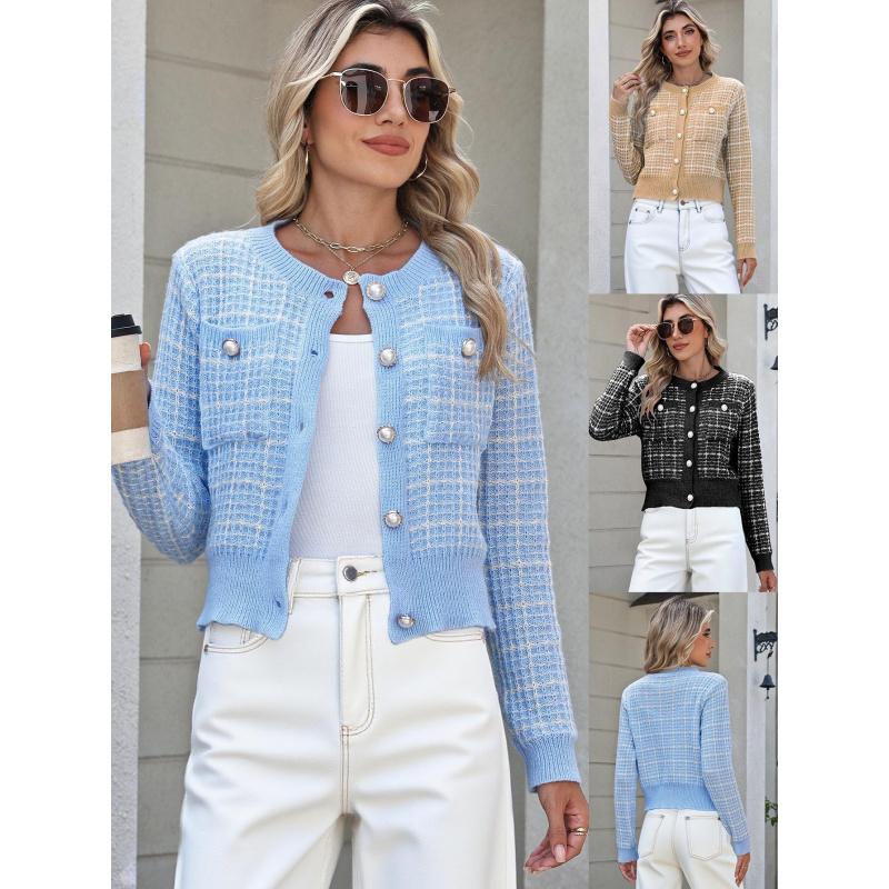 Women's Plaid Knitted Cardigan Small Fragrance Style Elegant Coat Pearl Button Fashion Sweater for Women