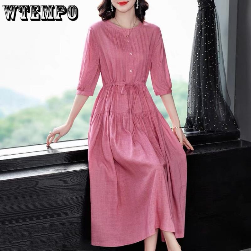 Women Round Collar Solid Color Dress Ladies Mid-length Waist Long Skirt Cotton A-Linen Dresses Women Clothing