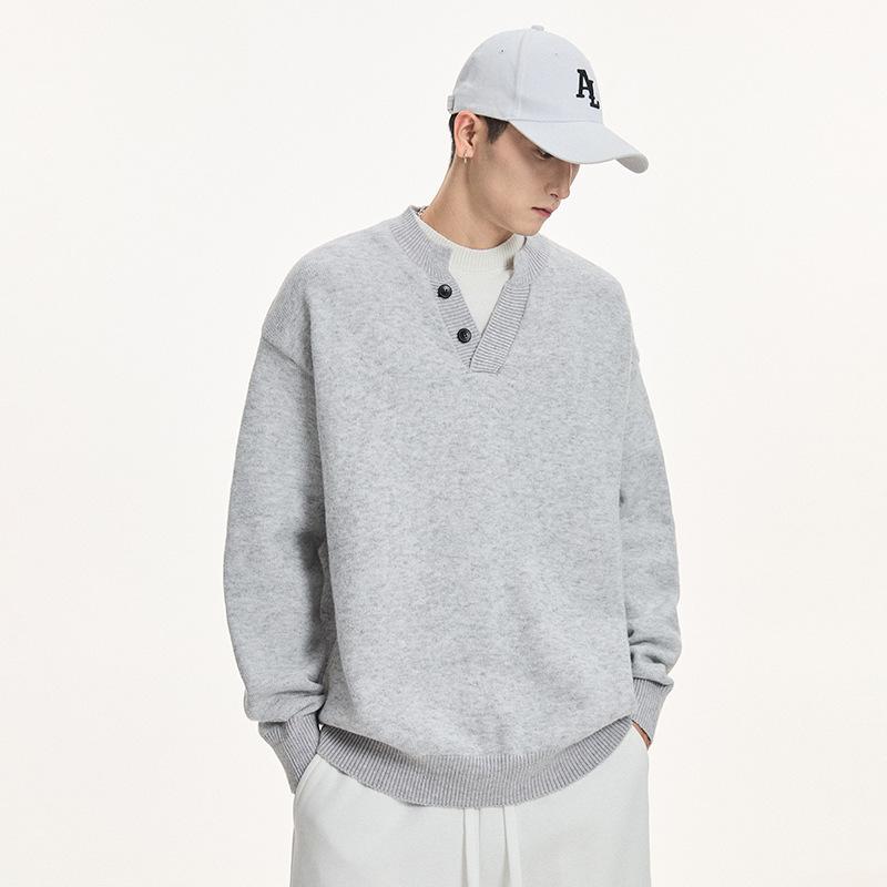 Men s American-Style Faux Two-Piece V-Neck Sweater: Trendy, Loose-Fit Knitwear for Autumn/Winter L