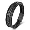 Men's Black Leather Bracelet Stainless Steel Double Layer Braided Wristband Fashion Handmade Cowhide Rope Jewelry Accessories