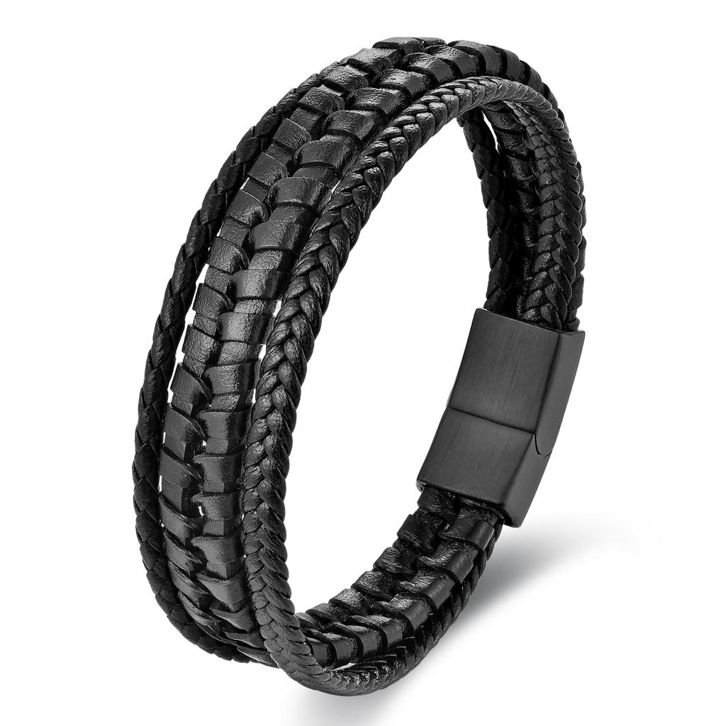Men's Black Leather Bracelet Stainless Steel Double Layer Braided Wristband Fashion Handmade Cowhide Rope Jewelry Accessories
