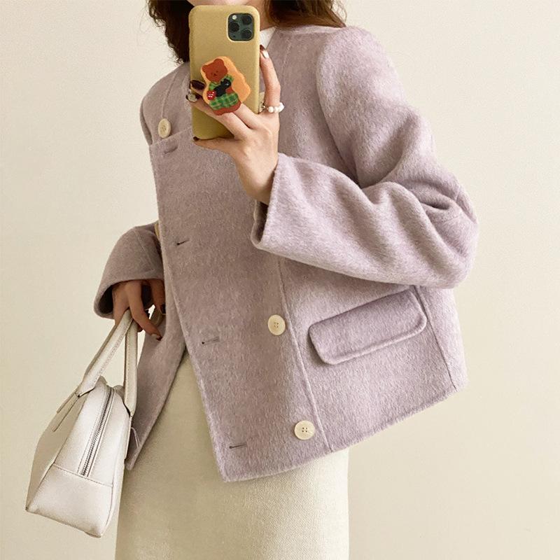 

Фиолетовое короткое двустороннее твидовое пальто для женщин, тонкое двубортное шерстяное пальто L