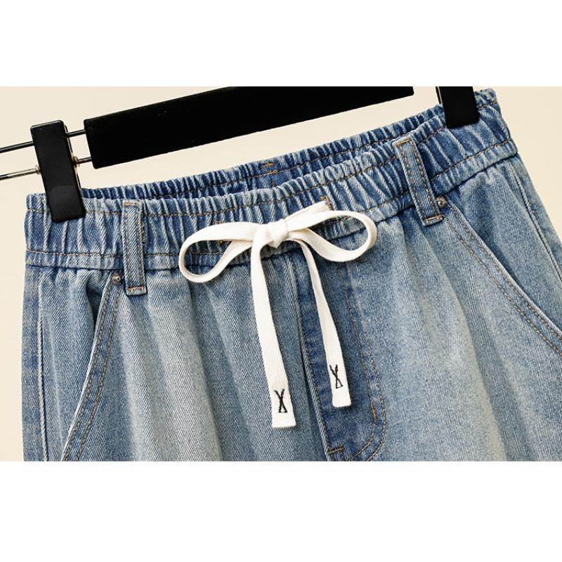 DIMANAF Plus Size Summer 2025 Casual Women Jeans Shorts Pants Loose Hole Basic High Waist Pants Elastic Waist
