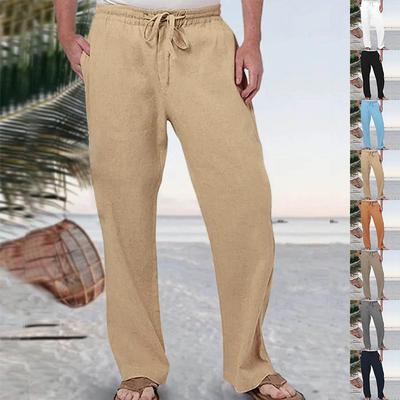 Summer Men's Hip-Hop Style Loose-Fit Breathable Linen Casual Trousers Solid Colour Elasticated Drawstring Long Trousers