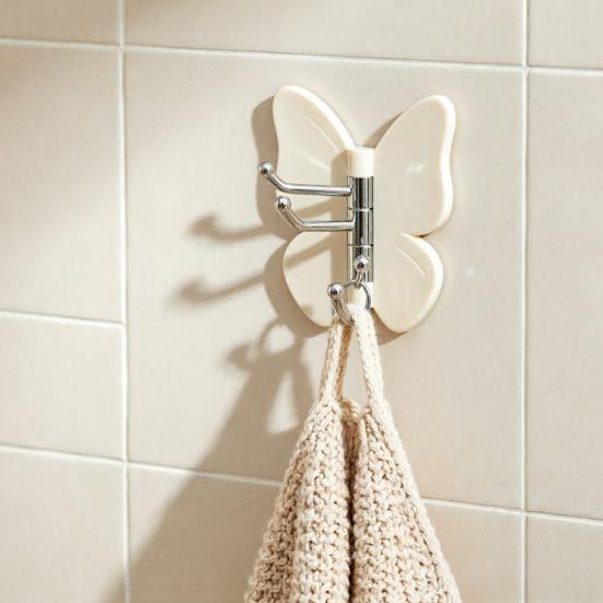 4PCS Butterfly Rotating Adhesive Hook, with 3 Swivel No Drill Wall Hook, Space Saving Adhesive Hook for Bathroom Kitchen Bedroom