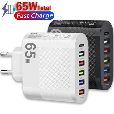 65W PD USB Ladegerät 6 Anschlüsse USB Typ C Ladeadapter Quick Charge 3.0 Schnellladung Für iPhone 14 Samsung Xiaomi Mobiltelefon