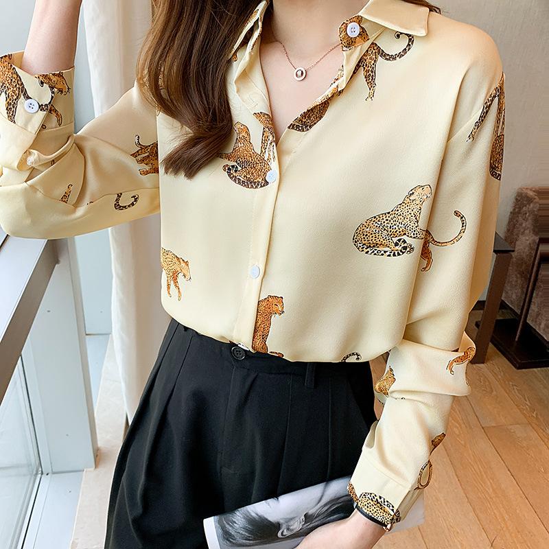 Satin Printed Blouse Silk Long Sleeved Shirt Spring Autumn Style Retro Button Up Top