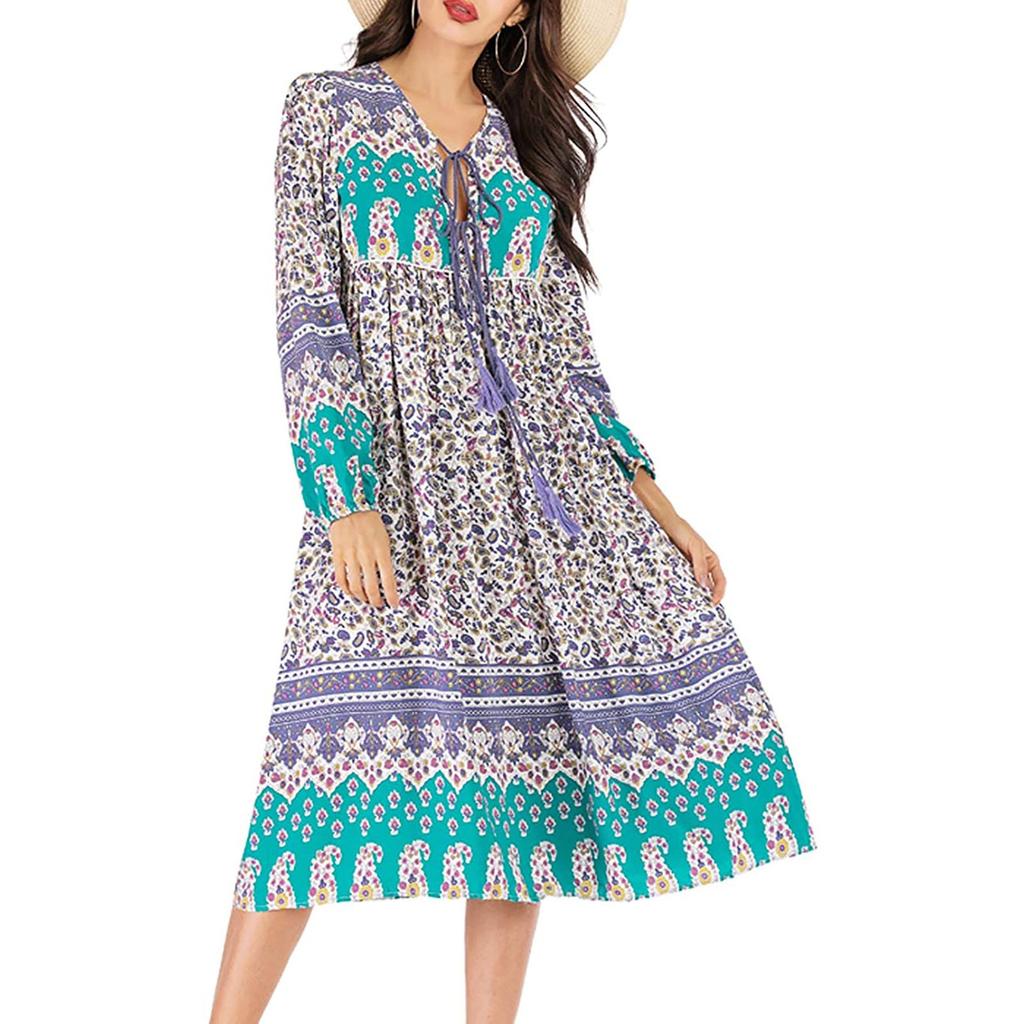 Bohemian College Floral Frenulum V Neck Printed Dress Dresses(6 Colors)