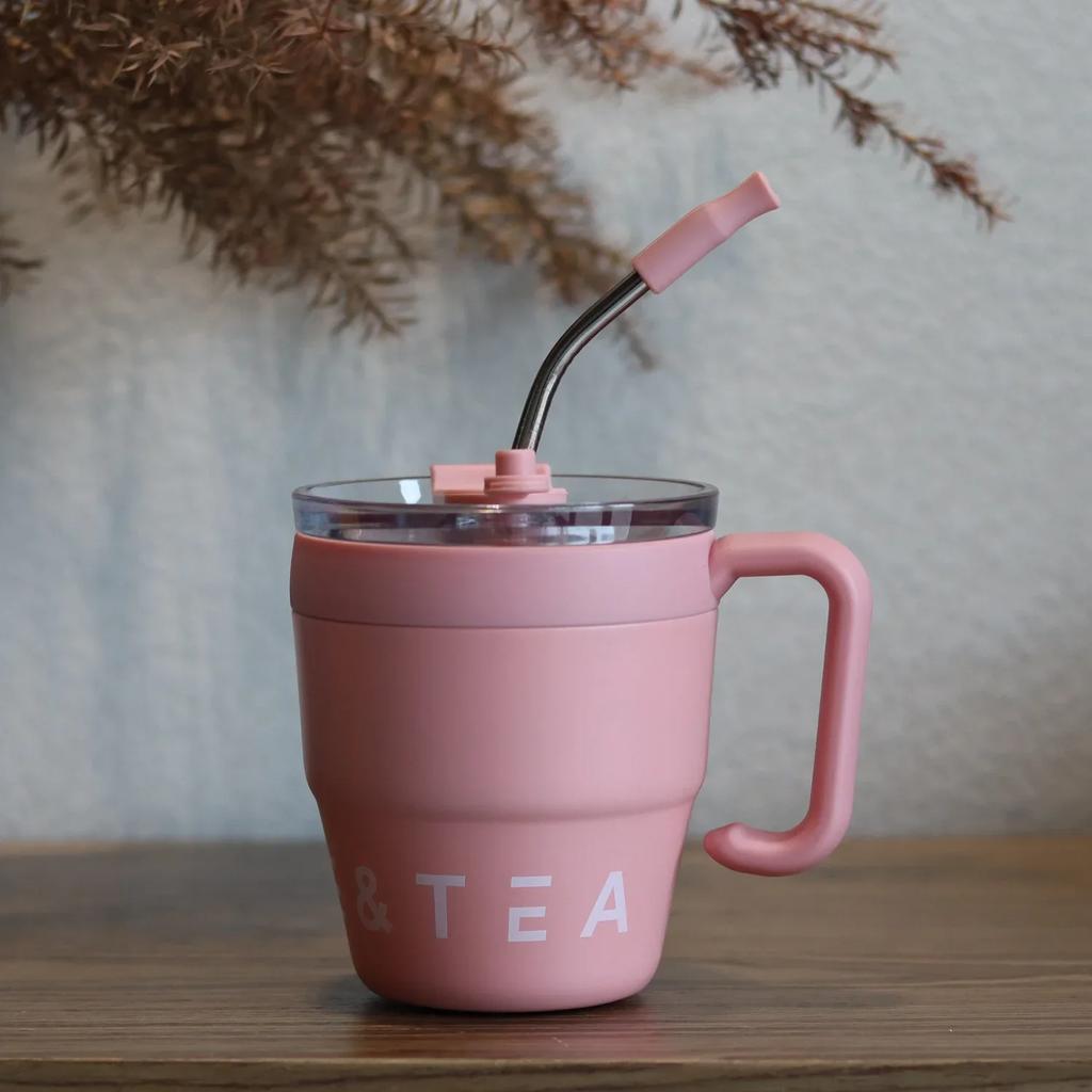 480ml Stainless Steel Portable Coffee Cups with Straw and Lid Portable Office Home Water Bottles Thermos Mug Drinkware Tea Cup
