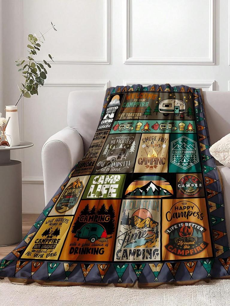 1 Stück Camping-Thema Hip-Hop-Decke Flanelldruck-Decke Für Camping & Reisen Geeignet Für Sofas Schlafzimmer Wohnzimmer Und Betten