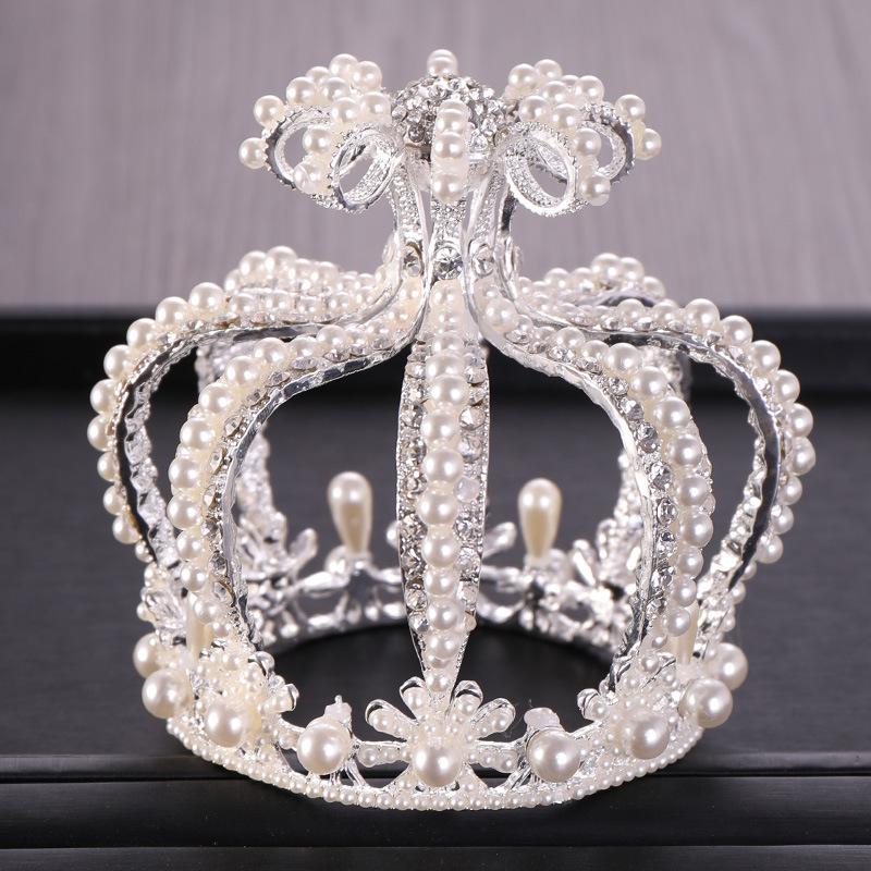 Perleglass Rhinestone Garden Krone Brude Europeisk Prinsesse Tiara Rund Barokk Pageant Kroner Krystall Full Krone Konge Tiara