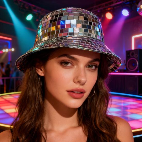 Yousheng Sparkling Reflective Mirror Bucket Hat Disco Style Fisherman Hat Festivals Birthdays Night Club Party Cap Fashion Accessory