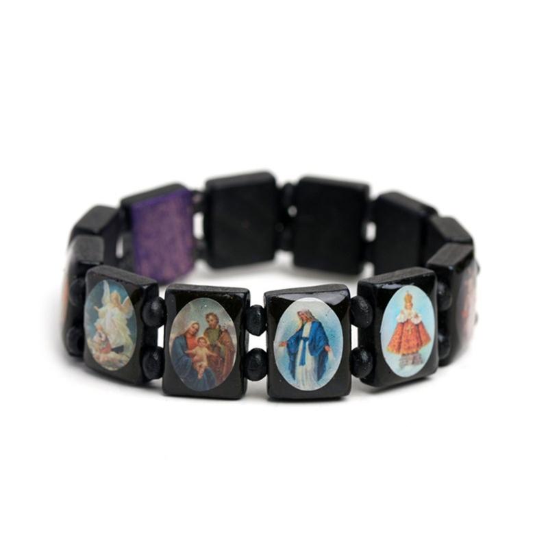 

Wooden Rosary Jesus Bracelet Elastic Coloured Beads Catholic Bangle Religious Saint Holy Gods Devotion Bracelet