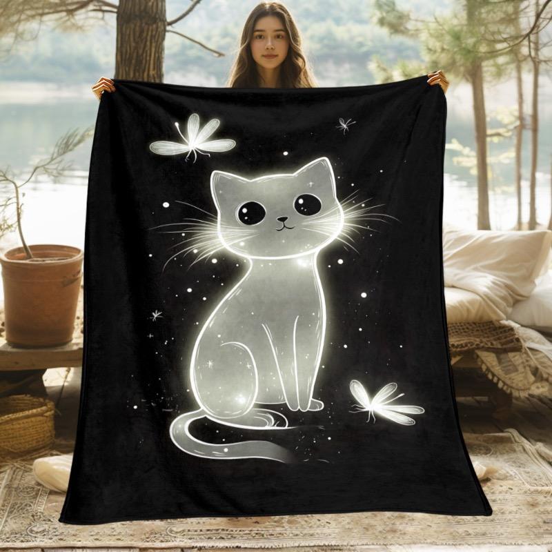 1 Piece Glow Cat and Firefly Flannel Throw - Soft Lightweight All-season Comfortable Sofa Bedroom Living Room Blanket