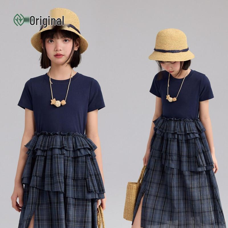 Zhimu Plaid Patchwork Girls  Summer Dress 130